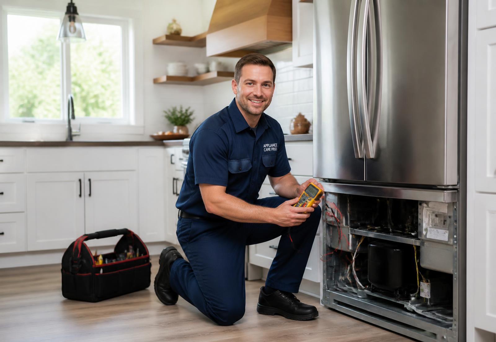 Appliance repair technician testing a refrigerator in a Roseburg kitchen